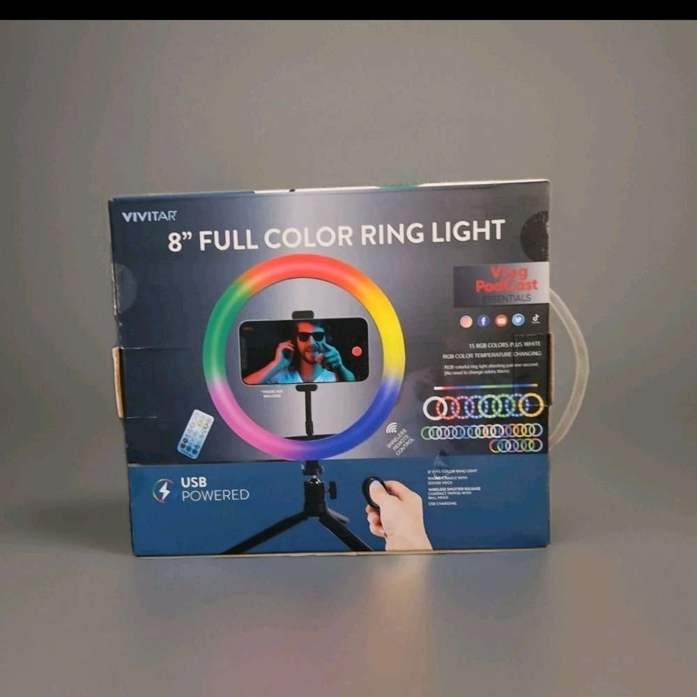 Vivitar 8" Full Color Ring Light 15 RGB LED & White Color Tripod - Picture 2 of 3